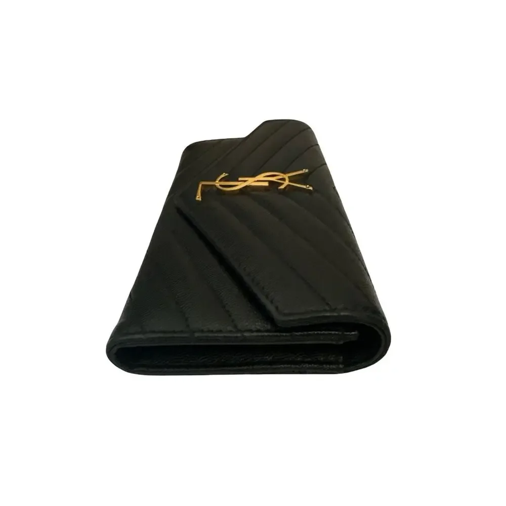 Saint Laurent Black Chevron Leather Wallet with Gold YSL Emblem Crossbody - Picture 8 of 11